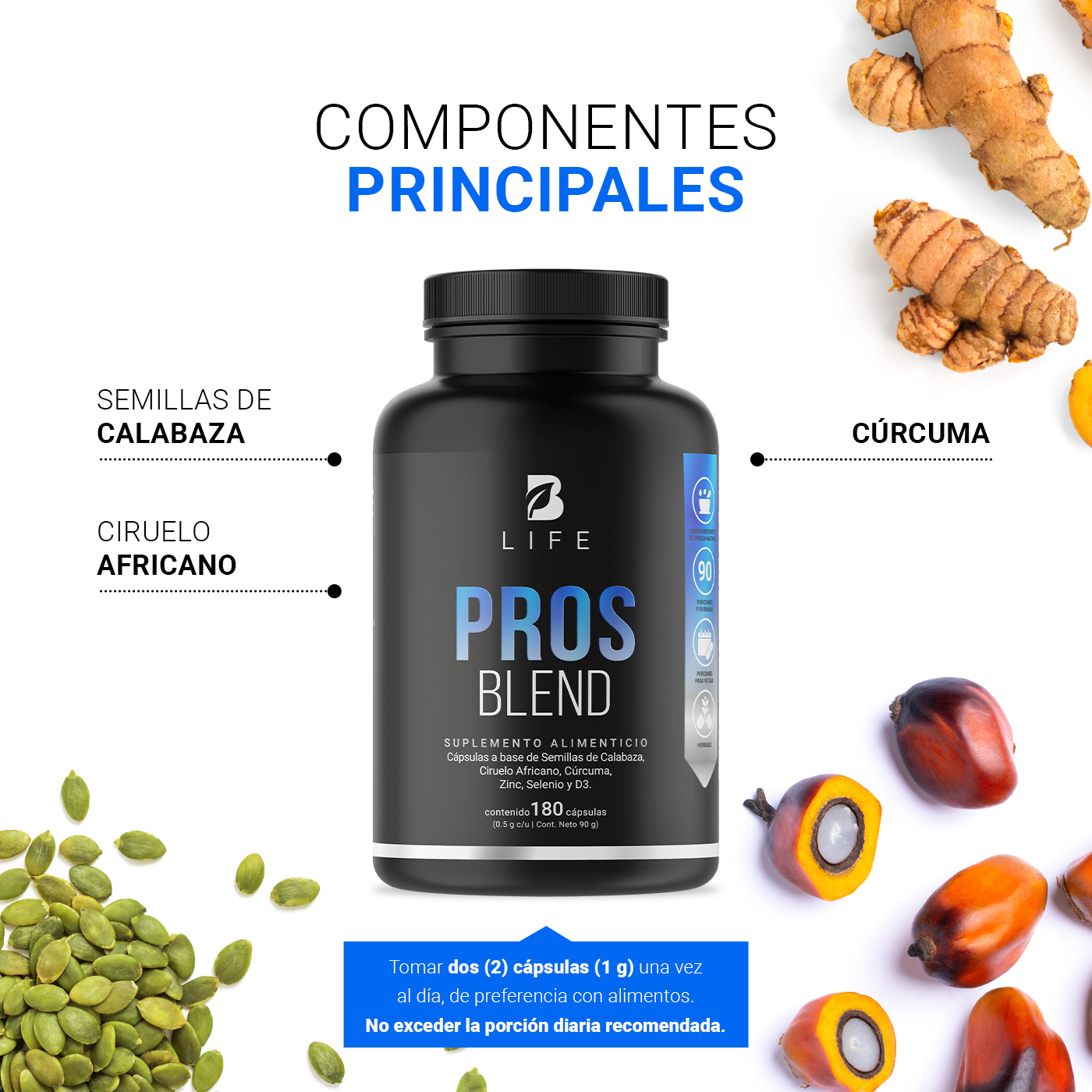 Foto 5 pulgar | Pros Blend de 180 Cápsulas Ingredientes Naturales: Ciruelo Africano/ Cúrcuma/ Ortiga/ Calabaza Pros Blend B Life