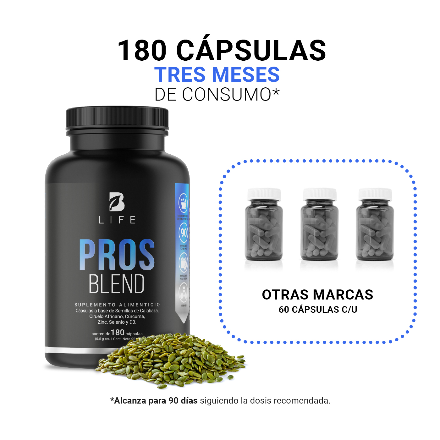 Foto 5 | Pros Blend de 180 Cápsulas Ingredientes Naturales: Ciruelo Africano/ Cúrcuma/ Ortiga/ Calabaza Pros Blend B Life