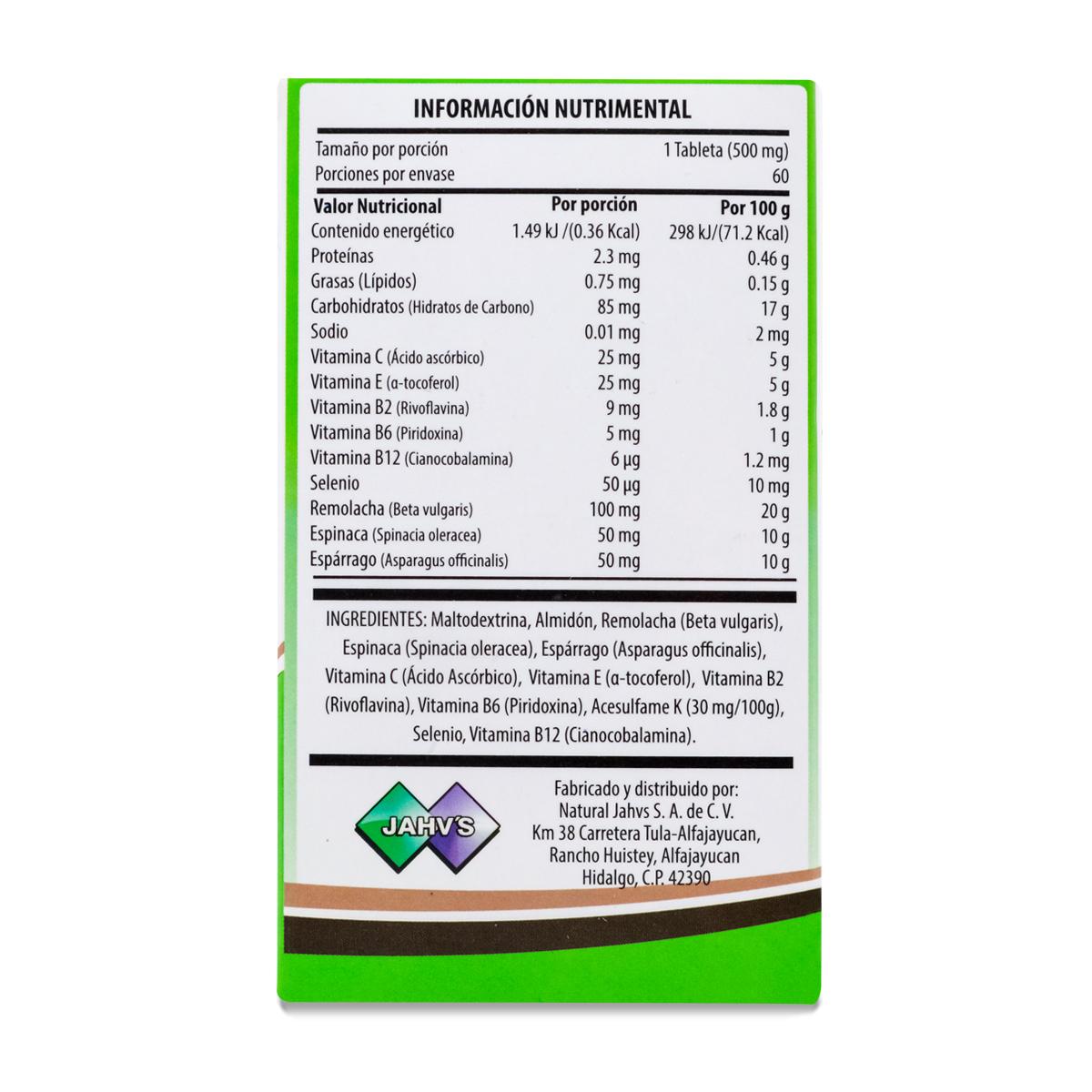 Foto 4 pulgar | Vitaminas a Base de Plantas con 60 Tabletas 500 mg Natural Jahvs
