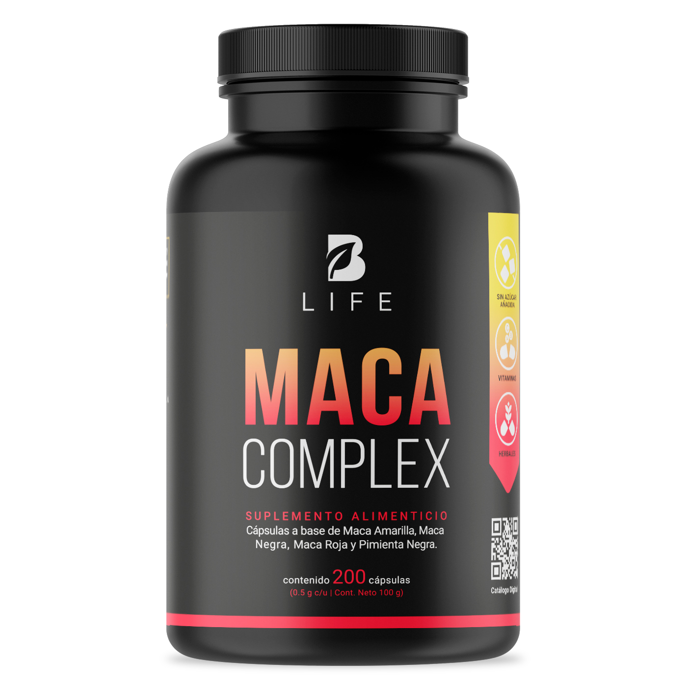 Complejo de Maca 200 Cápsulas Ingredientes Naturales Maca Amarilla Negra y Roja Maca Blend B Life