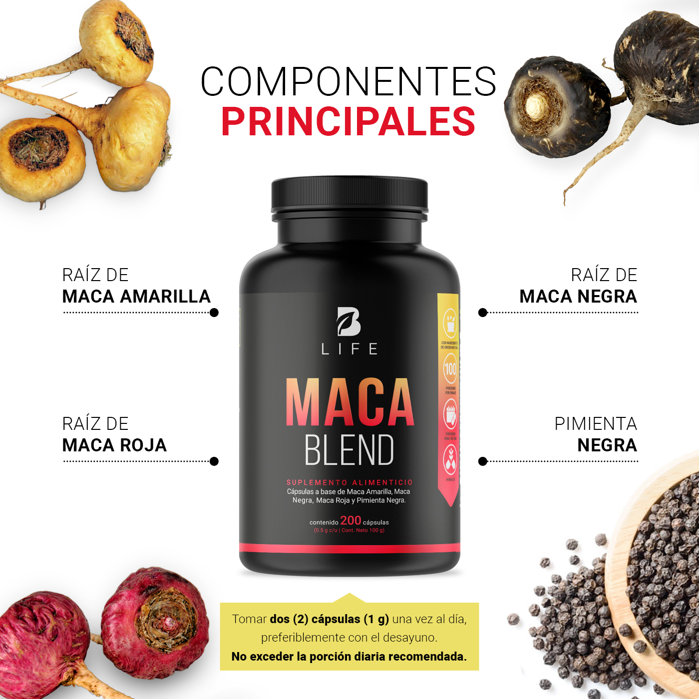 Foto 5 pulgar | Complejo de Maca 200 Cápsulas Ingredientes Naturales Maca Amarilla Negra y Roja Maca Blend B Life