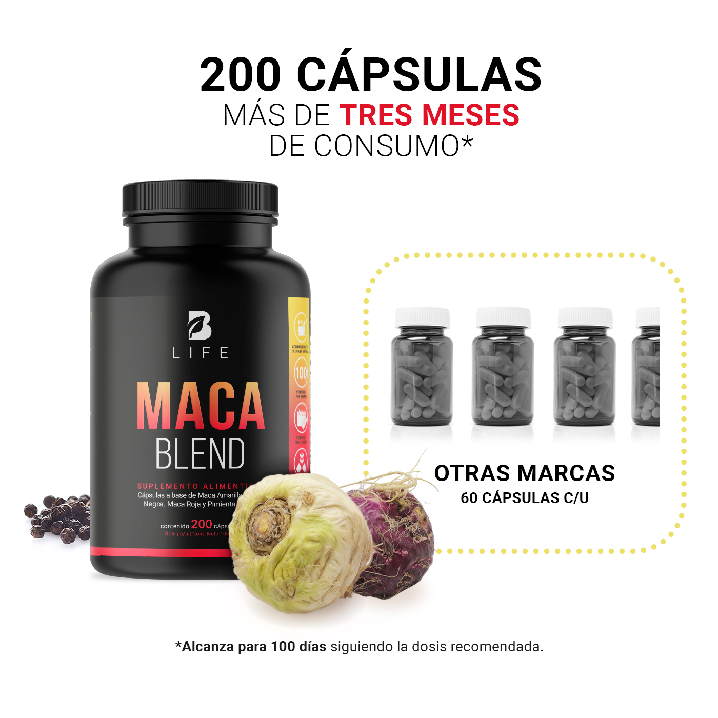 Foto 6 pulgar | Complejo de Maca 200 Cápsulas Ingredientes Naturales Maca Amarilla Negra y Roja Maca Blend B Life