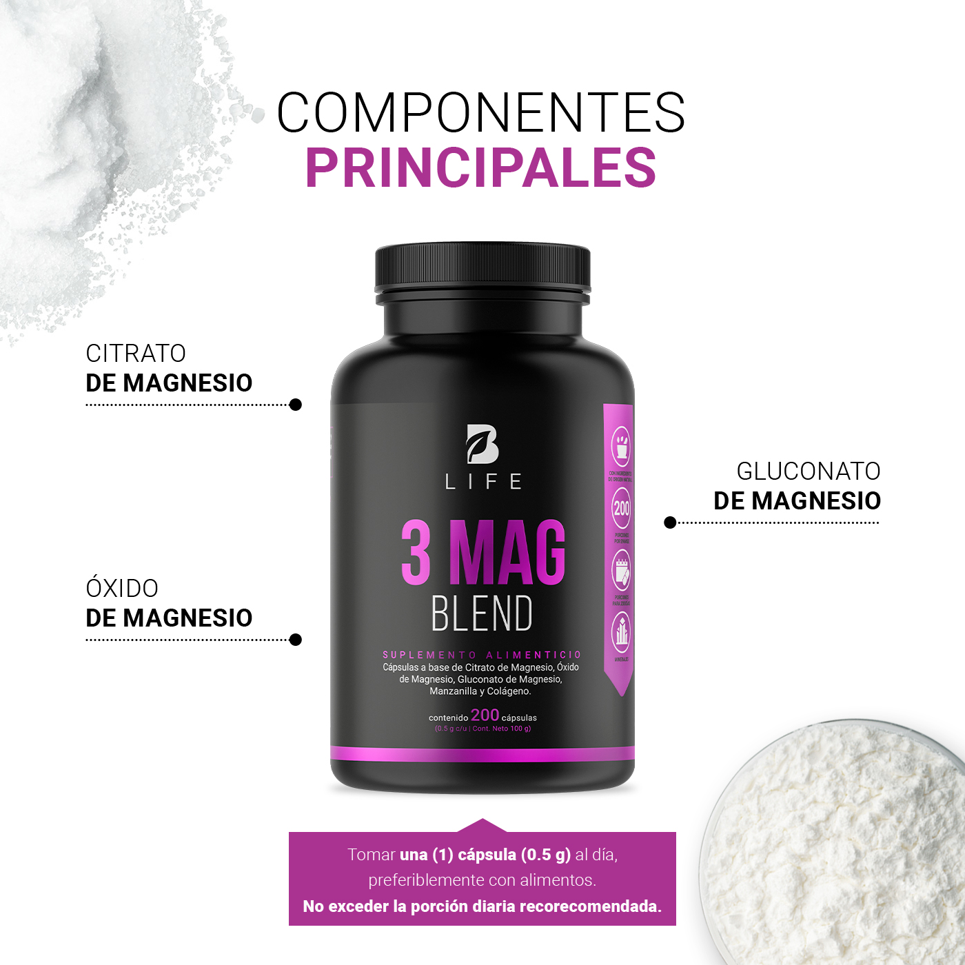 Foto 5 pulgar | Mezcla de Magnesios 200 Cápsulas Citrato Oxido Gluconato B Life