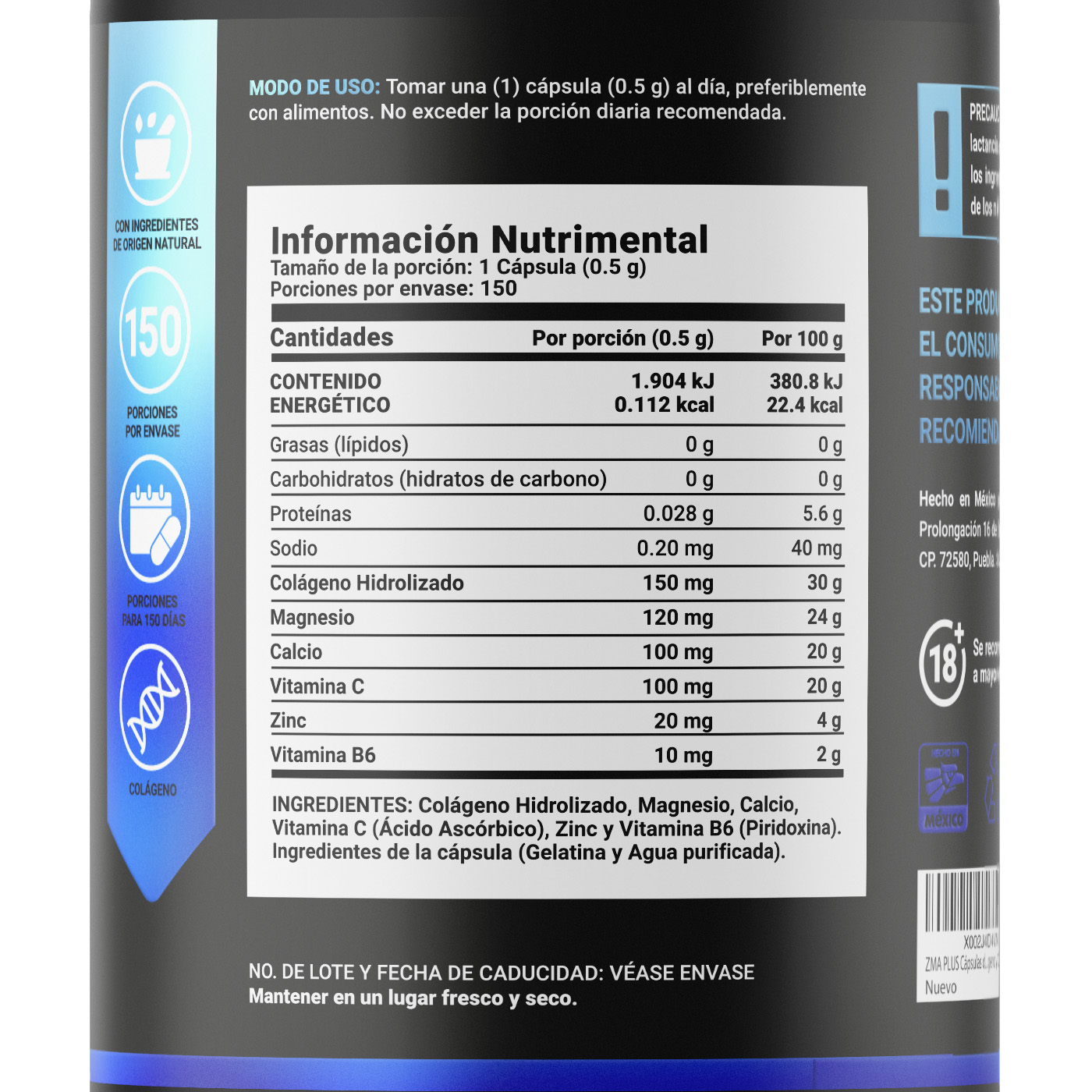 Foto 3 pulgar | Mezcla de Zinc/ Magnesio/ Vitamina C/ Colágeno Hidrolizado/ Vitamina B6 150 Cápsulas Ingredientes Naturales ZMA Bl