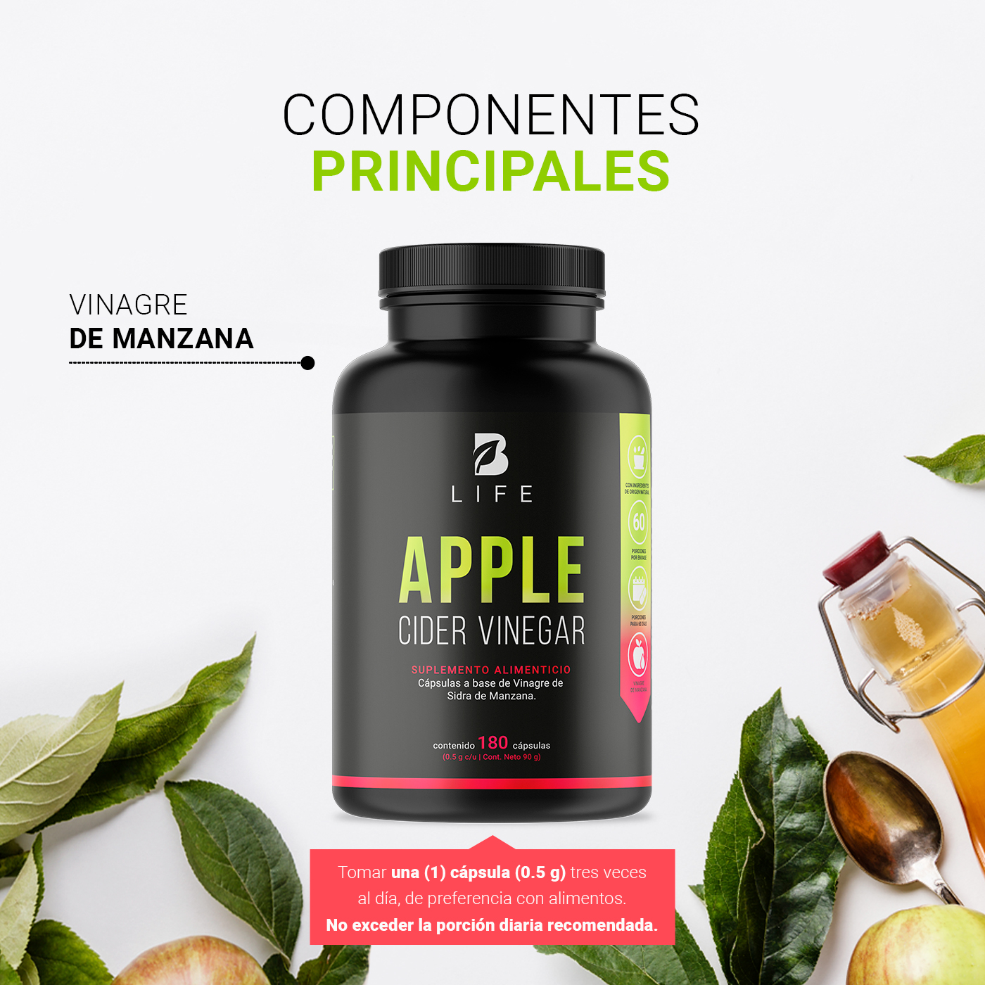 Foto 5 pulgar | Vinagre de Sidra de Manzana de 180 Cápsulas 500 mg Ingredientes Naturales Apple Cider Vinegar B Life