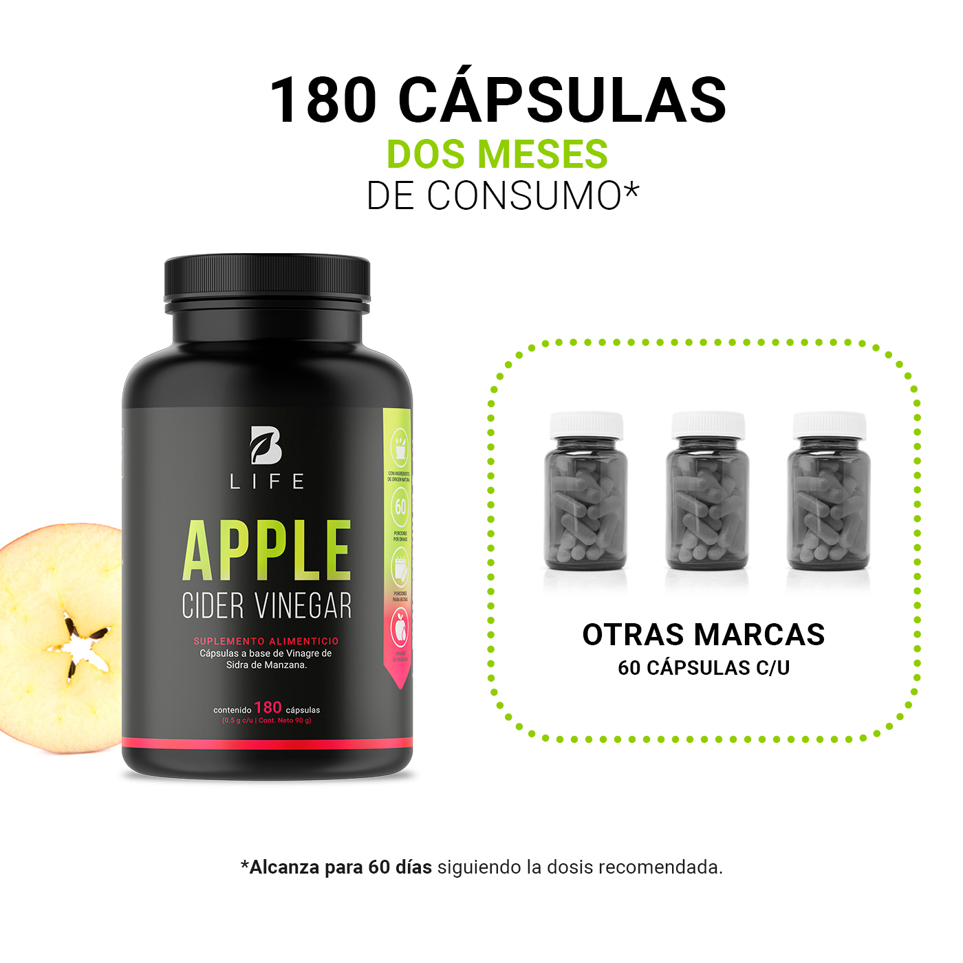 Foto 6 pulgar | Vinagre de Sidra de Manzana de 180 Cápsulas 500 mg Ingredientes Naturales Apple Cider Vinegar B Life