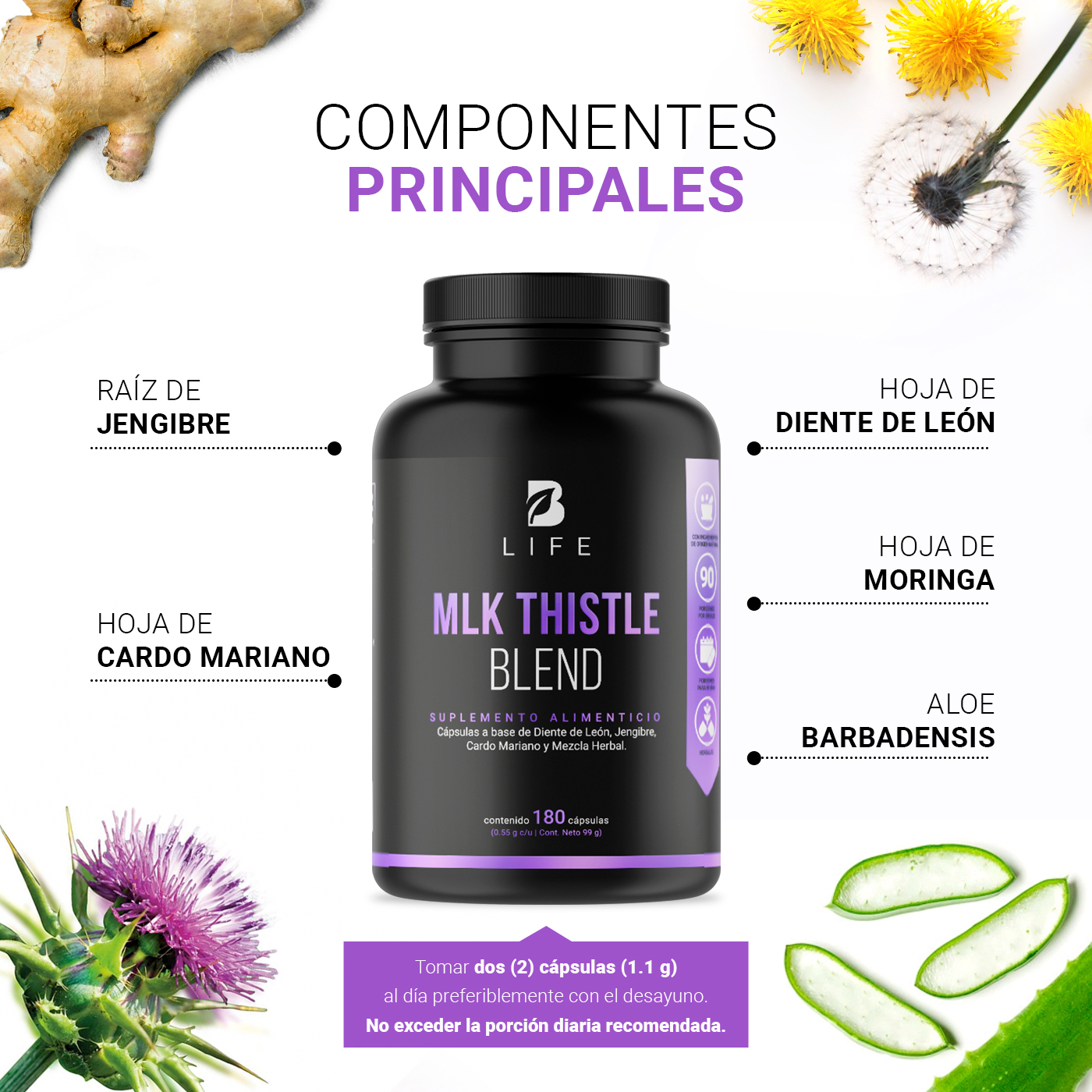 Foto 5 pulgar | Suplemento B Life Milk Thistle con Dandelion 180 Cápsulas