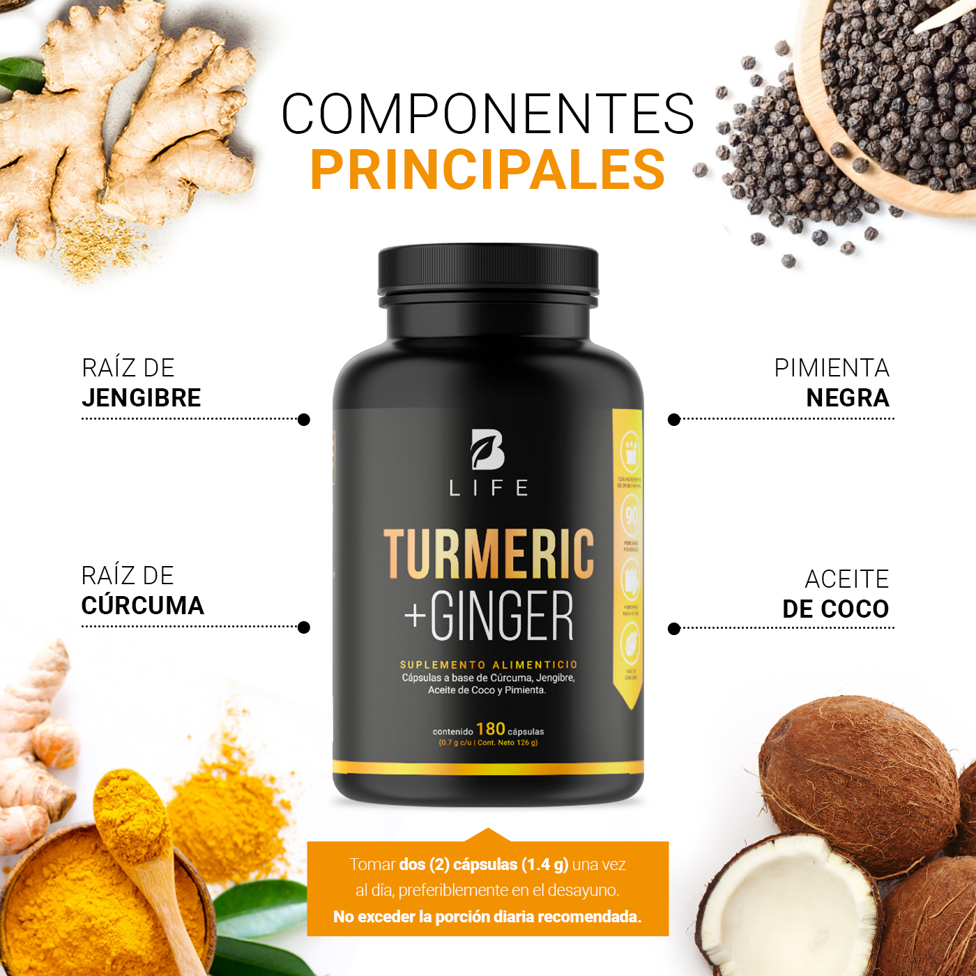 Foto 5 pulgar | Suplemento Alimenticio B Life Turmeric con Ginger 180 Cápsulas