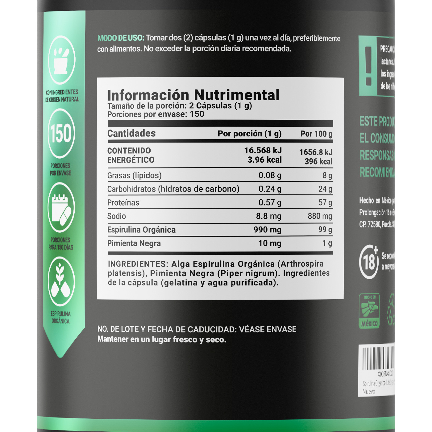 Foto 3 pulgar | Espirulina Orgánica de 300 Cápsulas 500 mg Ingredientes Naturales Alga Espirulina Organic Spirulina B Life