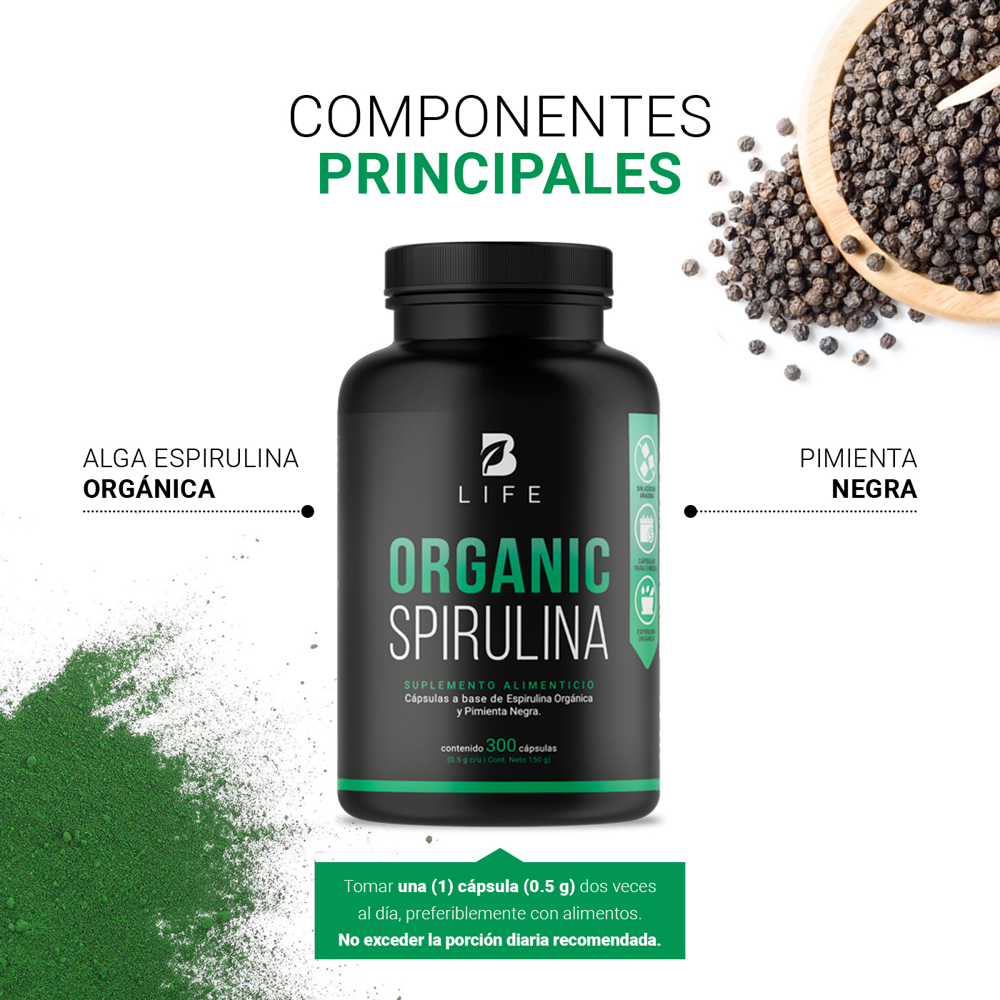 Foto 5 pulgar | Espirulina Orgánica de 300 Cápsulas 500 mg Ingredientes Naturales Alga Espirulina Organic Spirulina B Life