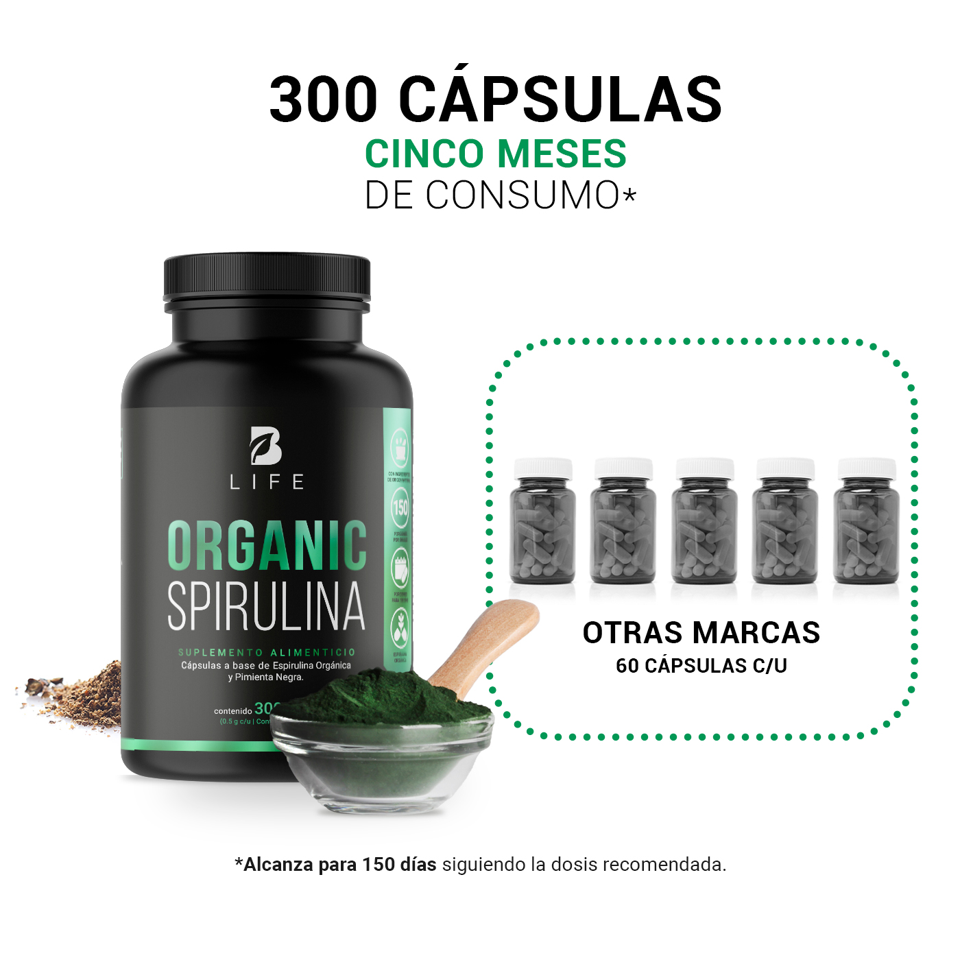 Foto 6 pulgar | Espirulina Orgánica de 300 Cápsulas 500 mg Ingredientes Naturales Alga Espirulina Organic Spirulina B Life