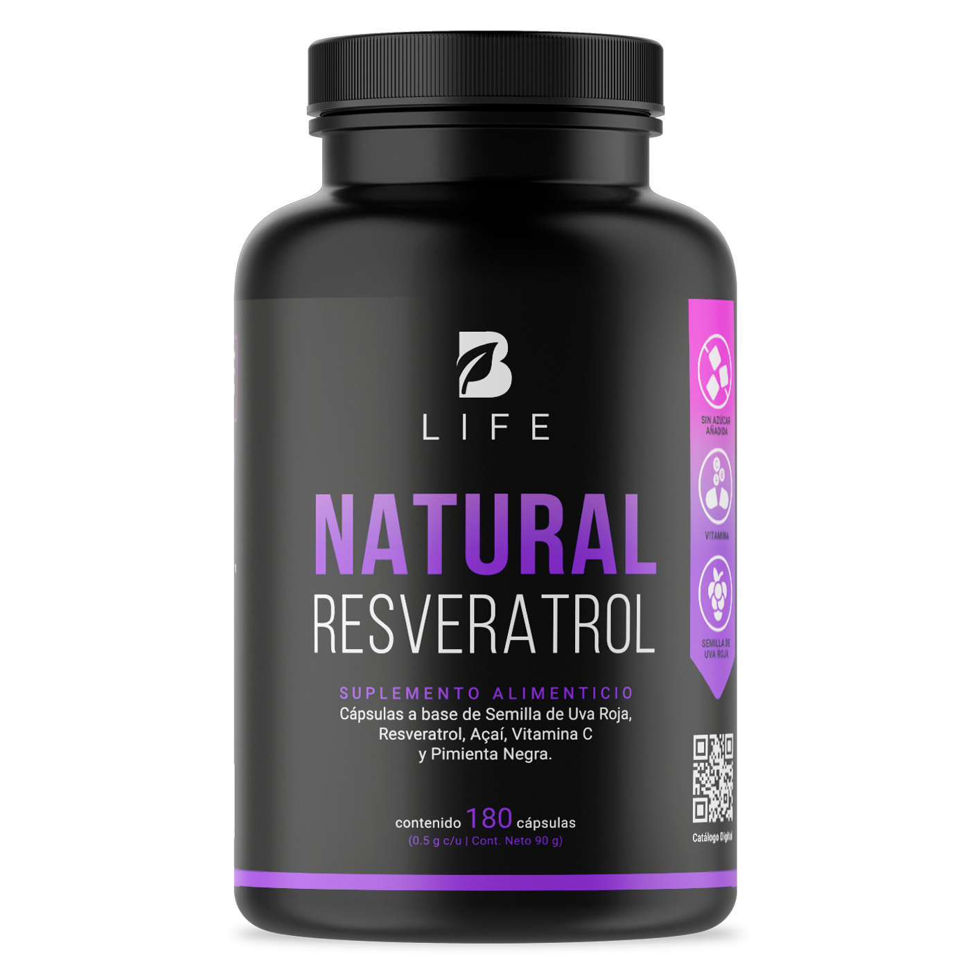 Foto 1 | Resveratrol con Pimienta Negra/ Uva Roja/ Acai/ Vitamina C de 500 mg 180 Cápsulas Resveratrol B Life