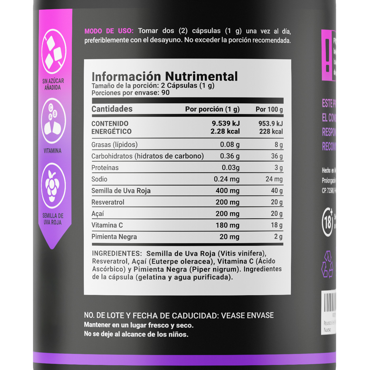 Foto 3 pulgar | Resveratrol con Pimienta Negra/ Uva Roja/ Acai/ Vitamina C de 500 mg 180 Cápsulas Resveratrol B Life