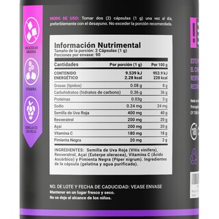 Foto 2 | Resveratrol con Pimienta Negra/ Uva Roja/ Acai/ Vitamina C de 500 mg 180 Cápsulas Resveratrol B Life
