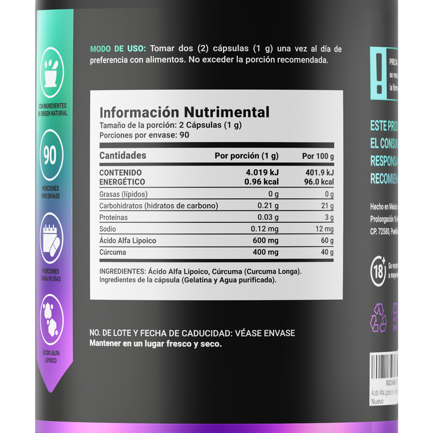 Foto 2 | Ácido Alfa Lipoico de 180 Cápsulas con Cúrcuma Ingredientes Naturales Alpha Lipoic Acid. B Life