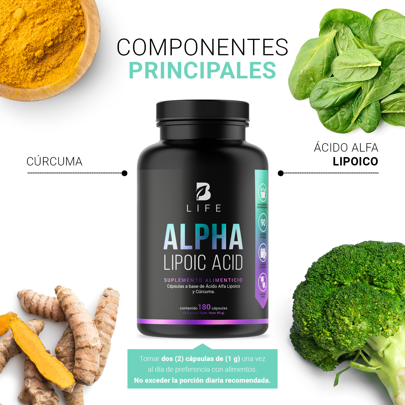 Foto 5 pulgar | Ácido Alfa Lipoico de 180 Cápsulas con Cúrcuma Ingredientes Naturales Alpha Lipoic Acid. B Life