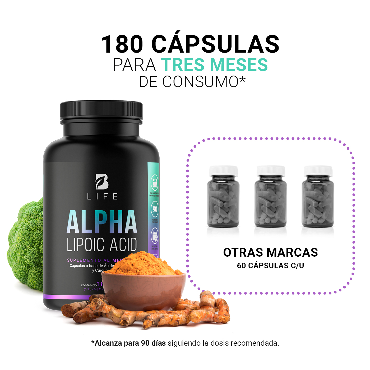 Foto 5 | Ácido Alfa Lipoico de 180 Cápsulas con Cúrcuma Ingredientes Naturales Alpha Lipoic Acid. B Life