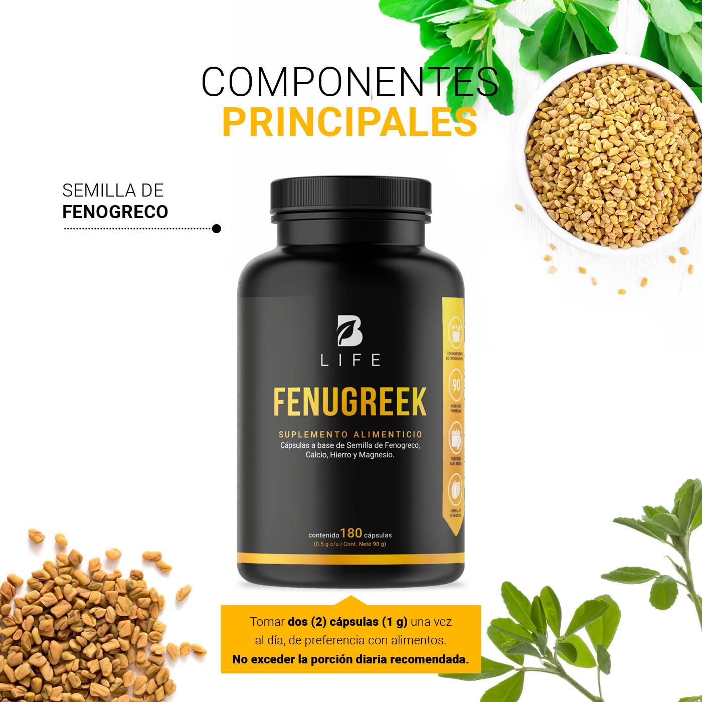 Foto 5 pulgar | Fenogreco de 180 Cápsulas de 500 mg Ingredientes Naturales Fenugreek Seed Powder B Life