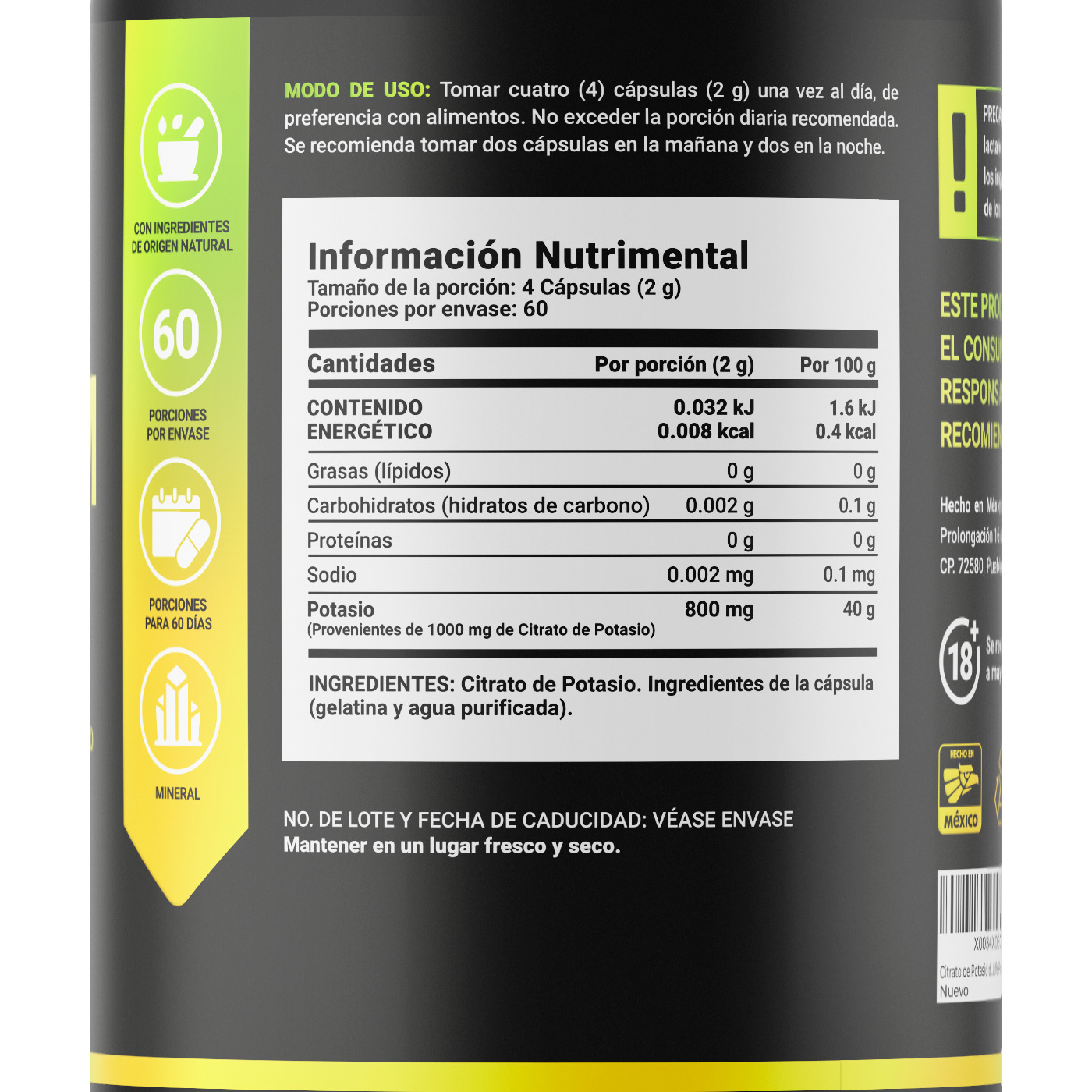 Foto 2 | Citrato de Potasio 240 Cápsulas con 800 mg de Potasio Ingredientes Naturales Potassium Citrate B Life