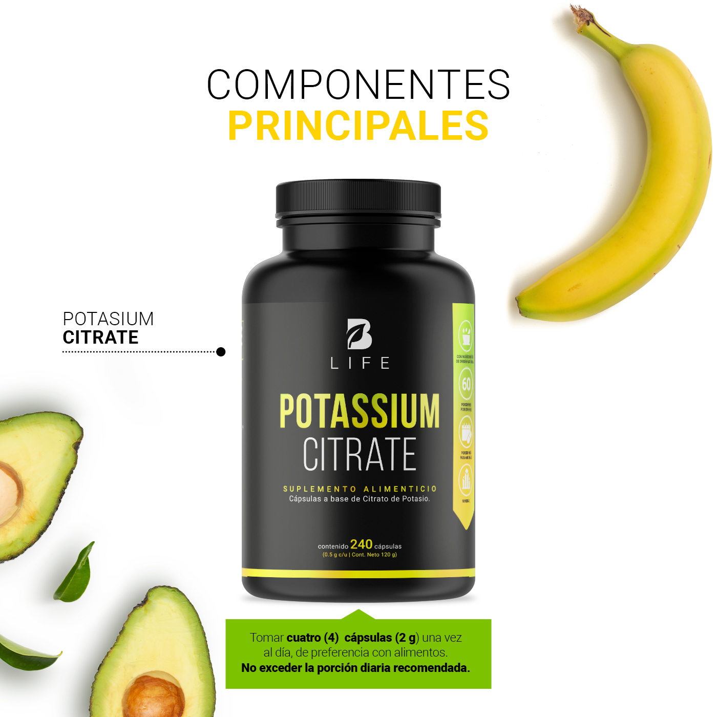 Foto 5 pulgar | Citrato de Potasio 240 Cápsulas con 800 mg de Potasio Ingredientes Naturales Potassium Citrate B Life