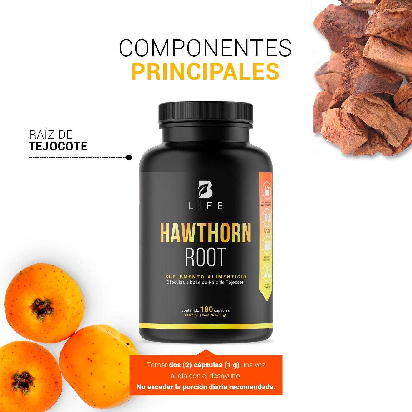 Foto 5 pulgar | Raíz de Tejocote 180 Cápsulas Hawthorn Root B Life