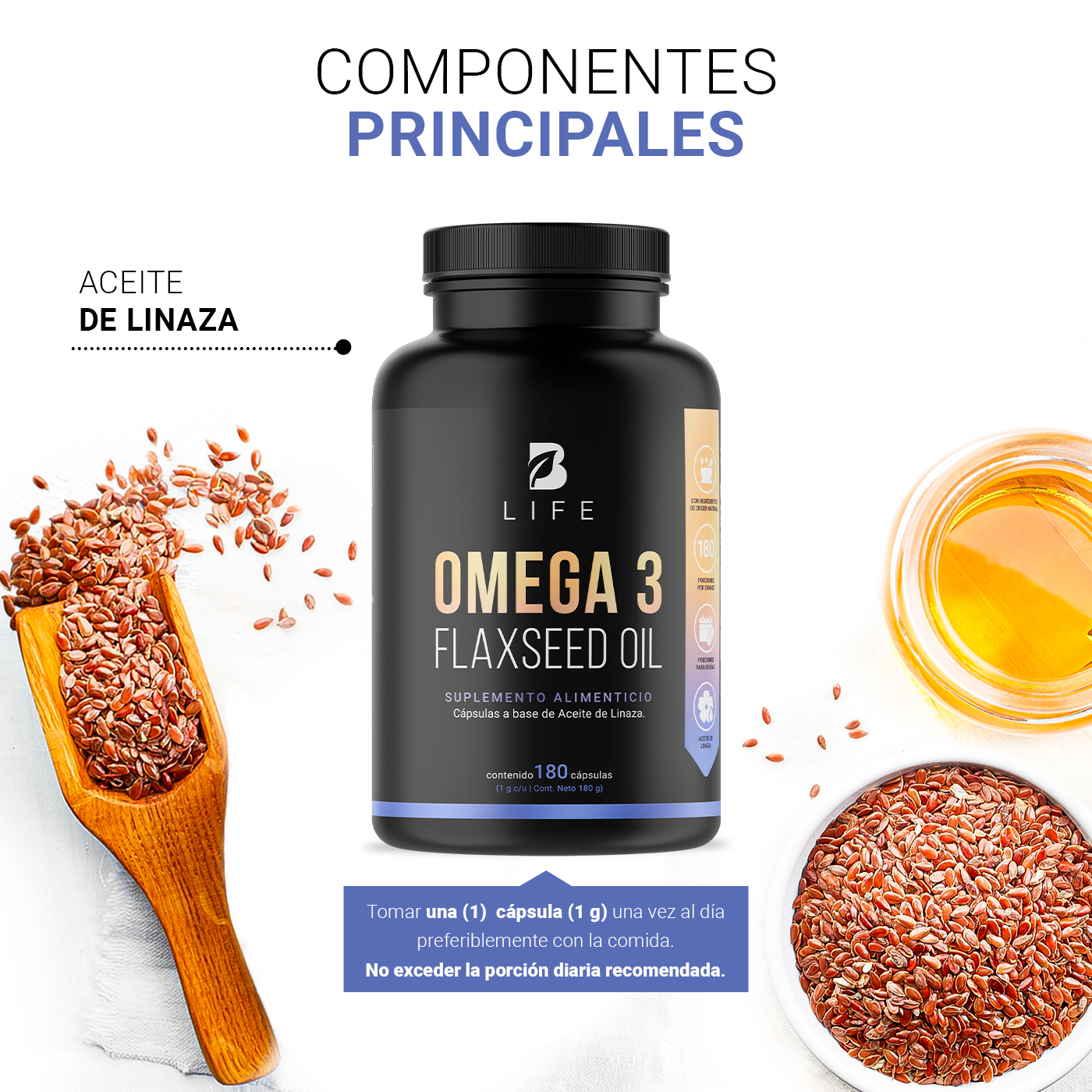 Foto 5 pulgar | Suplemento Alimenticio B Life Omega 3 Flaxseed Oil 180 Cápsulas