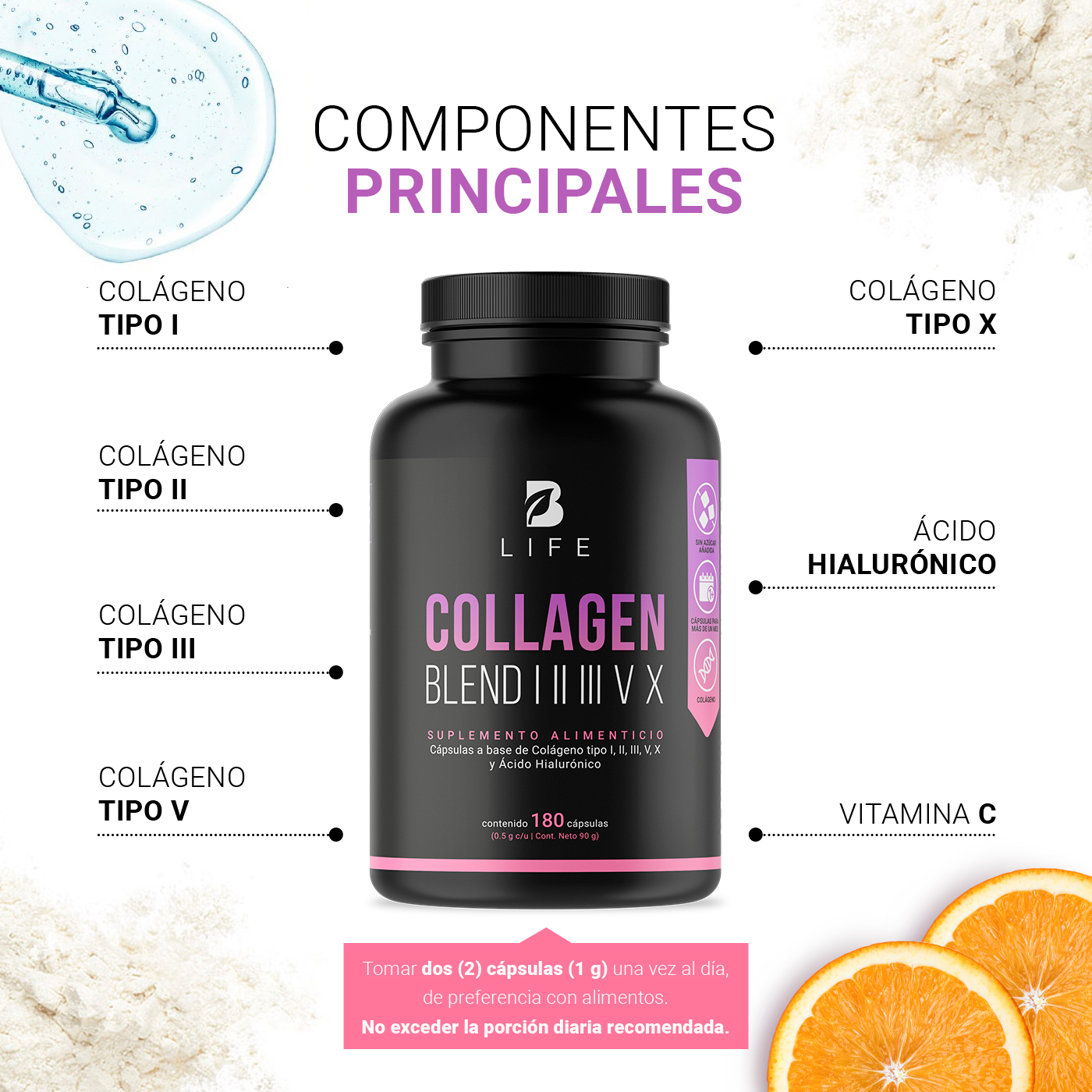 Foto 5 pulgar | Colágeno Tipo I II III V y X con 180 cápsulas Ingredientes naturales Collagen Blend I II III V X B Life