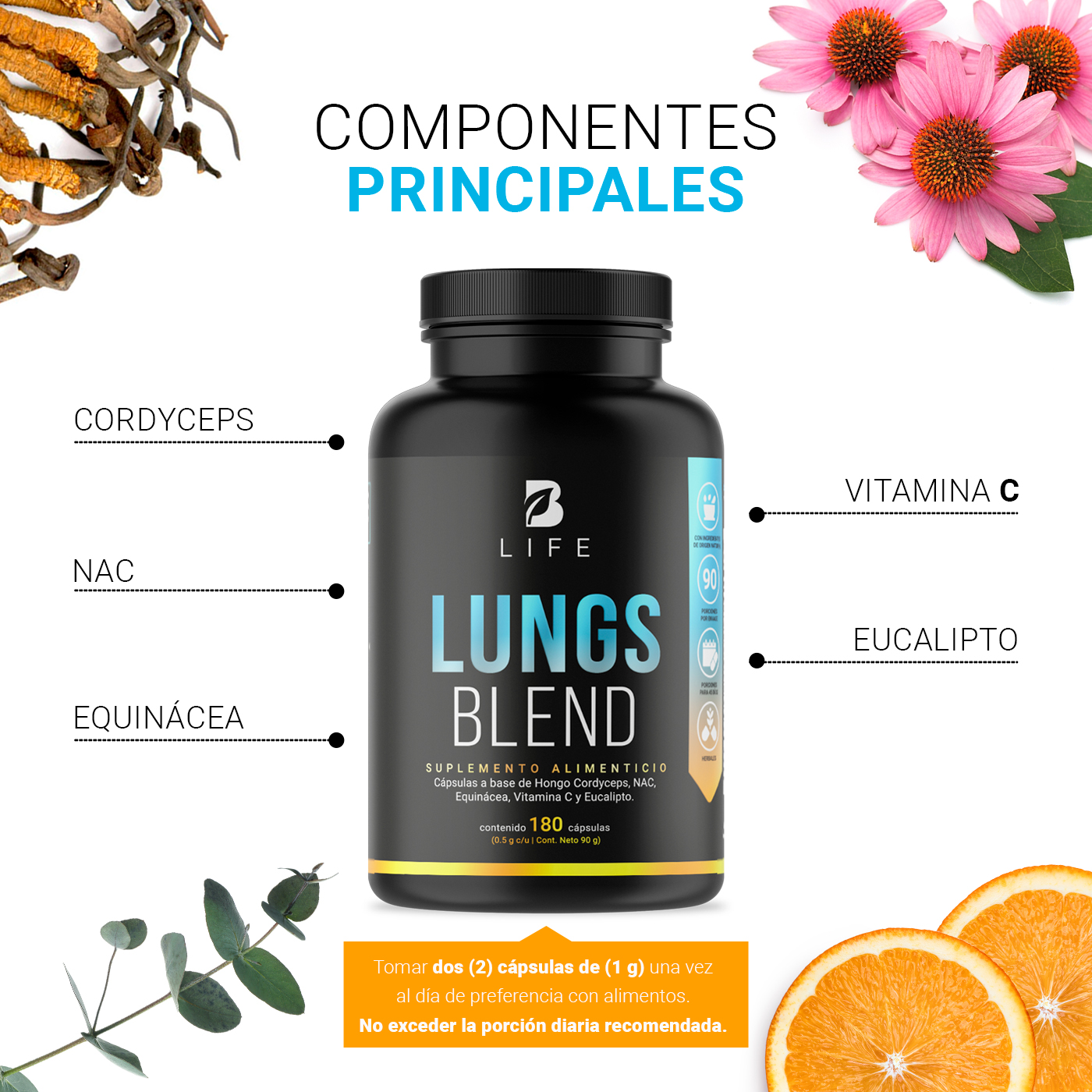 Foto 5 pulgar | Lungs Blend de 180 Cápsulas Ingredientes Naturales Lungs Blend B Life