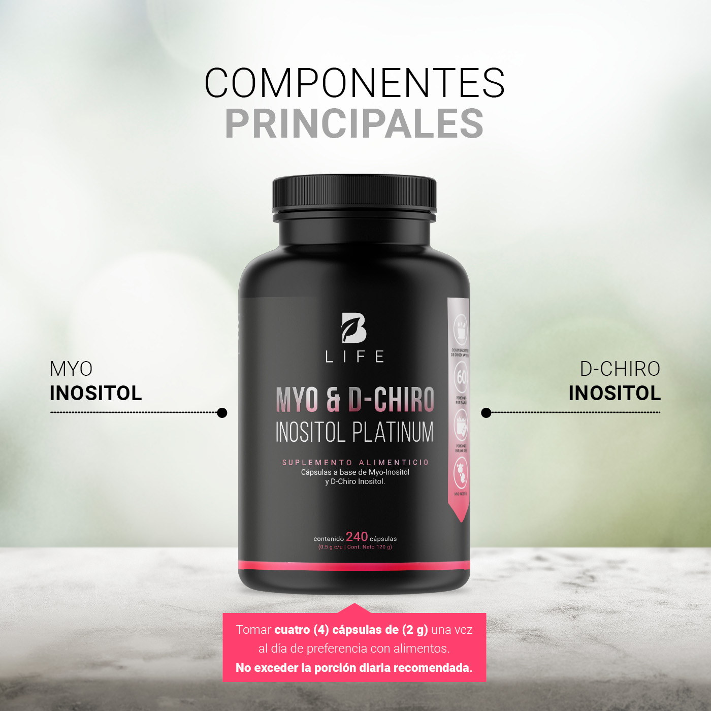 Foto 5 pulgar | Myo y D-Chiro Inositol 240 Cápsulas con 500 mg Ingredientes Naturales Myo & D-Chiro Inositol Platinum B Life