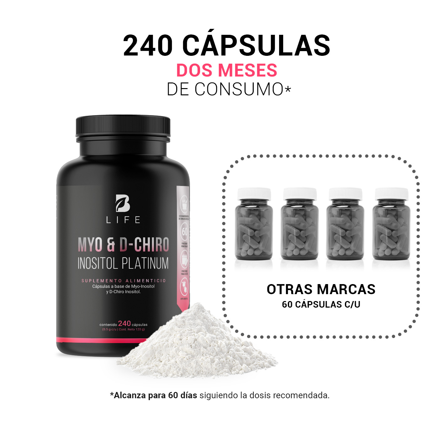 Foto 6 pulgar | Myo y D-Chiro Inositol 240 Cápsulas con 500 mg Ingredientes Naturales Myo & D-Chiro Inositol Platinum B Life