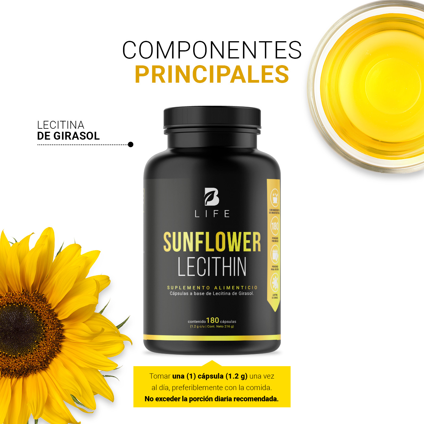 Foto 5 pulgar | Lecitina de Girasol 180 Cápsulas Sunflower Lecithin B Life