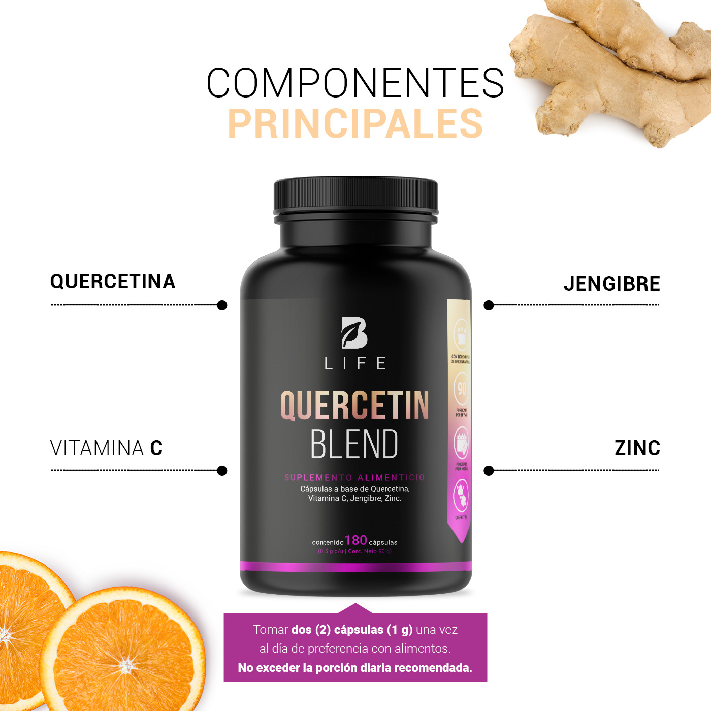 Foto 5 pulgar | Quercetina de 180 Cápsulas Ingredientes Naturales Vitamina C Jengibre y Zinc Quercetin Blend B Life