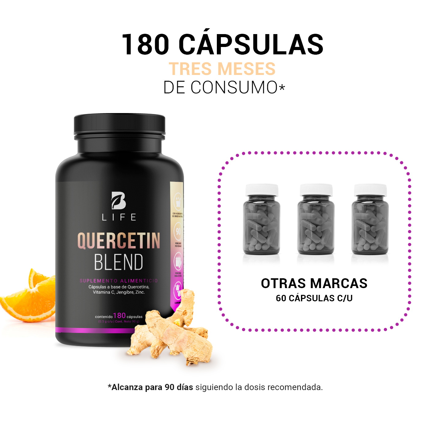 Foto 5 | Quercetina de 180 Cápsulas Ingredientes Naturales Vitamina C Jengibre y Zinc Quercetin Blend B Life