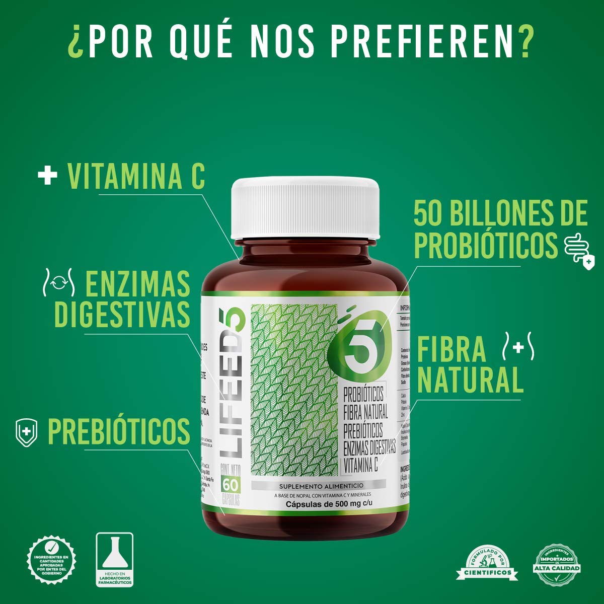 Foto 3 pulgar | Probióticos 50 Billones Lifeed5 60 Caps Prebióticos, Enzimas Digestivas, Fibra Natural, Vitamina C y Zinc Supl