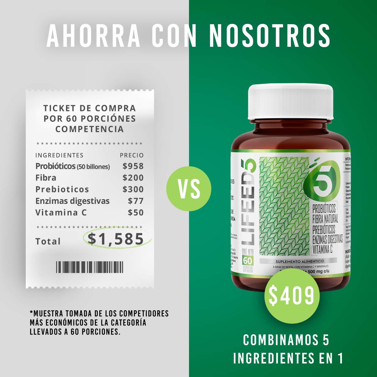 Foto 5 pulgar | Probióticos 50 Billones Lifeed5 60 Caps Prebióticos, Enzimas Digestivas, Fibra Natural, Vitamina C y Zinc Supl