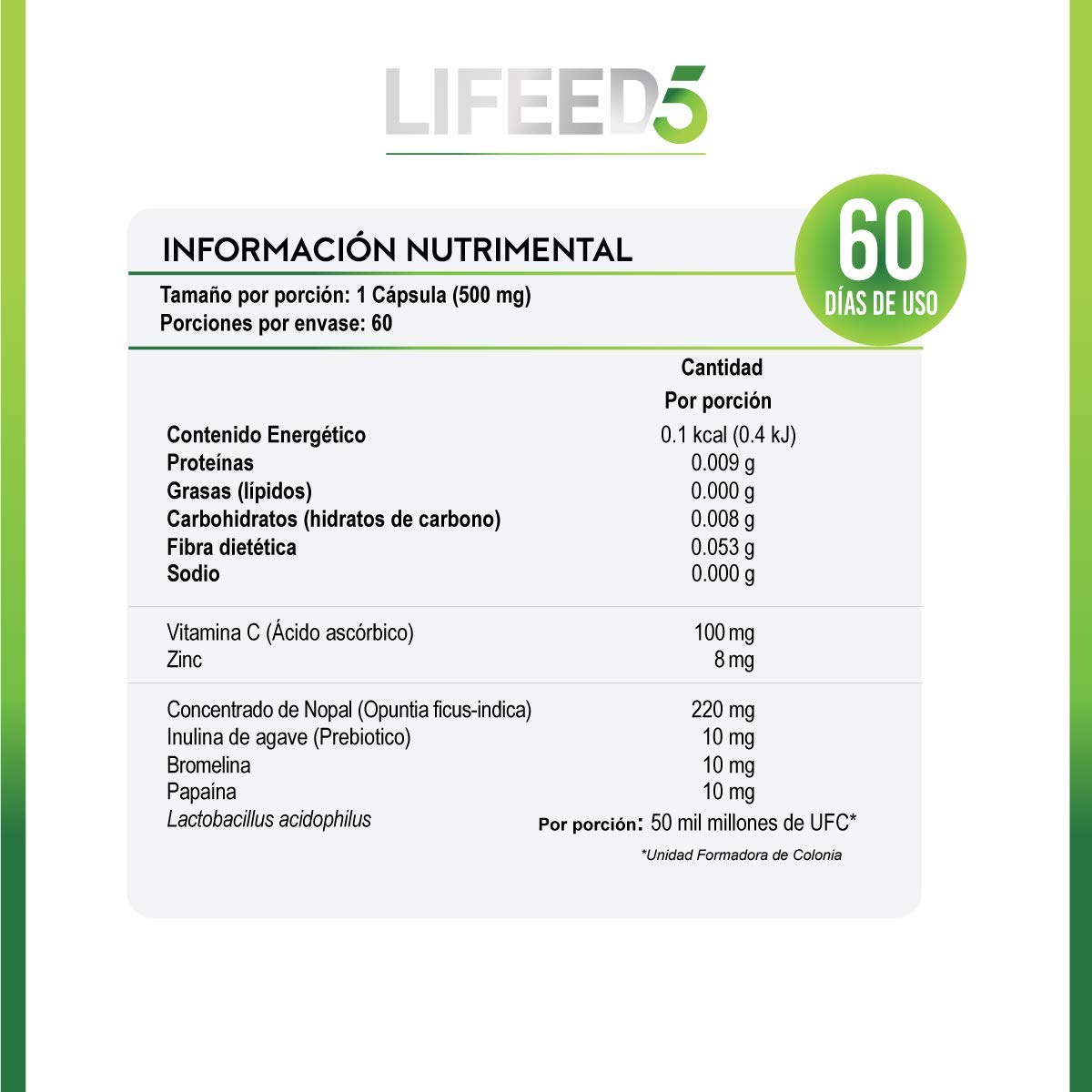 Foto 7 | Probióticos 50 Billones Lifeed5 60 Caps Prebióticos, Enzimas Digestivas, Fibra Natural, Vitamina C y Zinc Supl