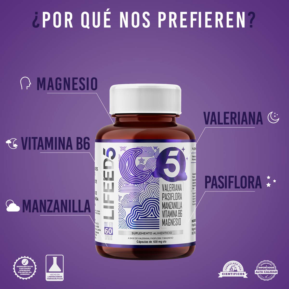 Foto 3 pulgar | Suplemento Alimenticio, Sueño y Relajación Lifeed5 60 Caps Valeriana, Pasiflora, Manzanilla, Vitamina B6, Magnesio