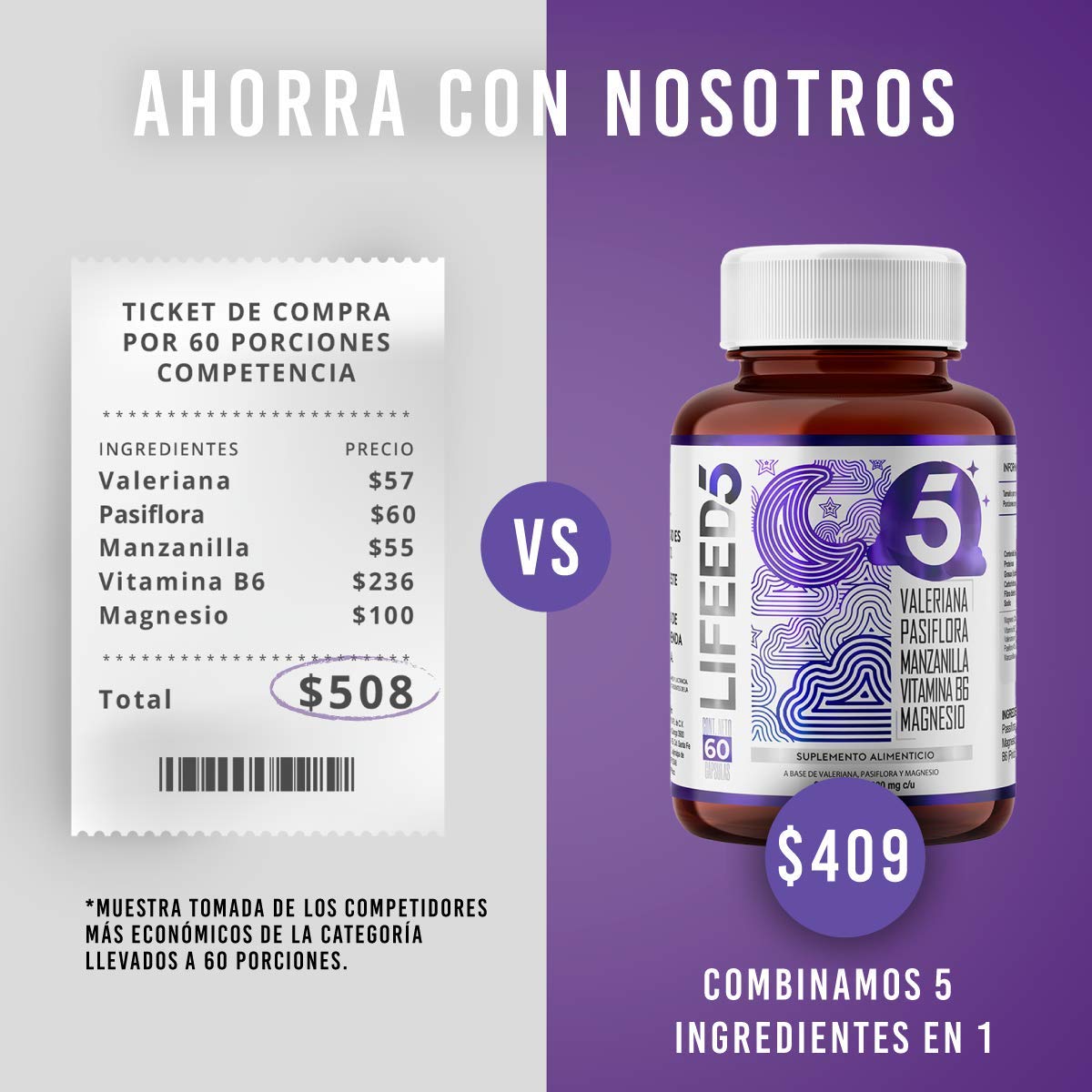 Foto 5 pulgar | Suplemento Alimenticio, Sueño y Relajación Lifeed5 60 Caps Valeriana, Pasiflora, Manzanilla, Vitamina B6, Magnesio