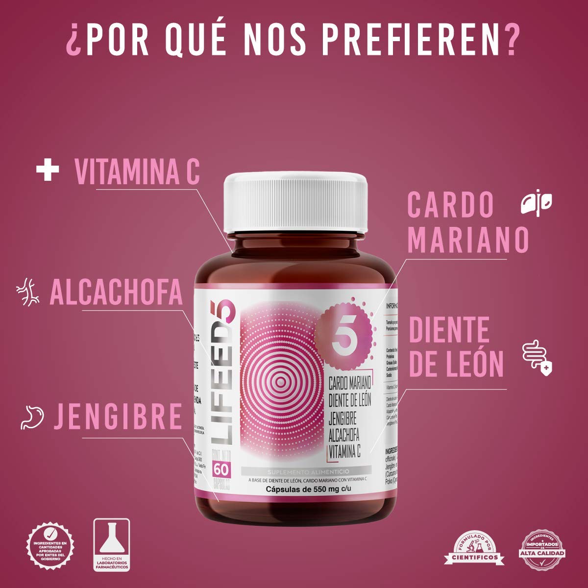 Foto 3 pulgar | Cardo Mariano 60 Cápsulas Lifeed5 con Diente de León Cúrcuma Vitamina C más Otros Ingredientes