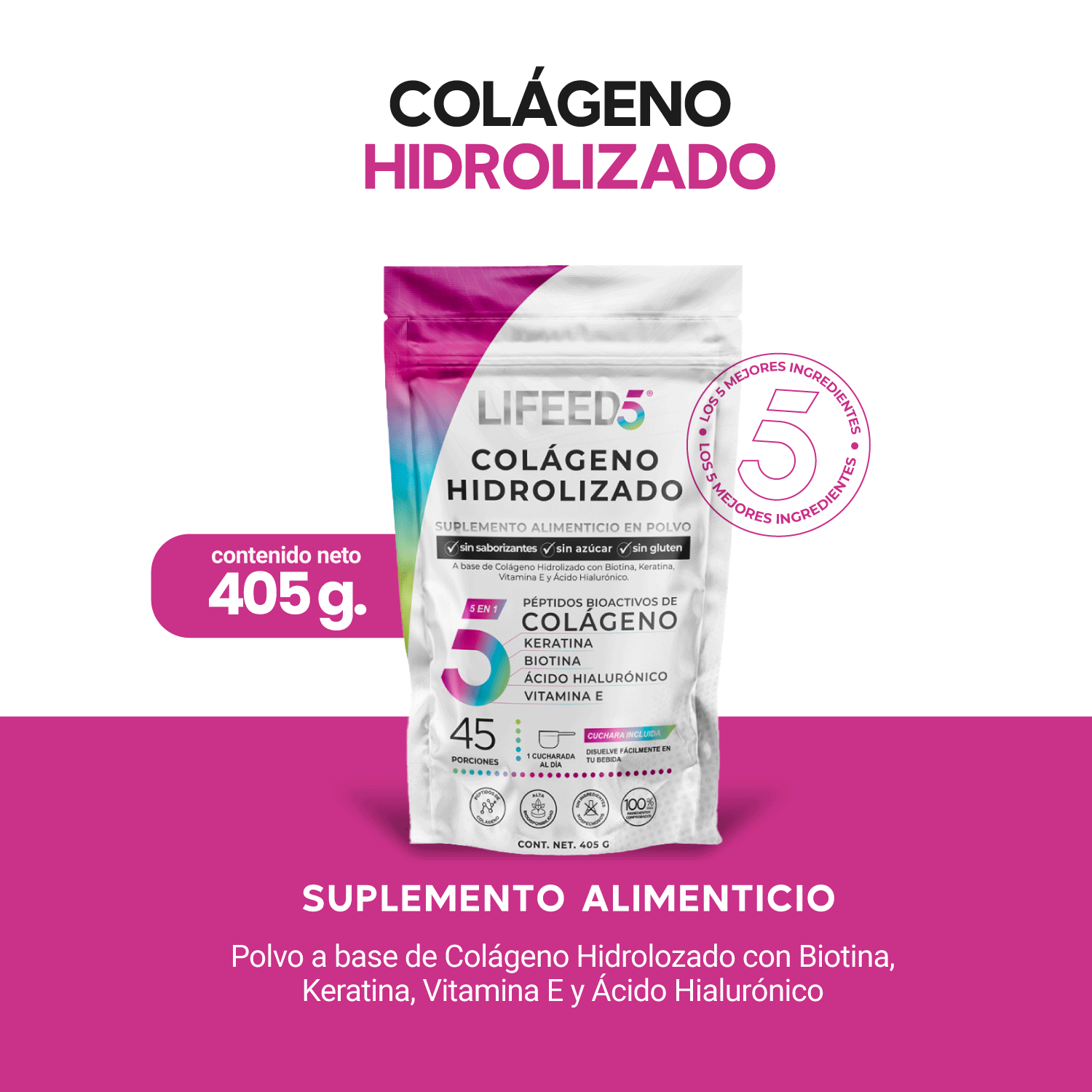 Foto 3 pulgar | Multivitamínico Hair con Colágeno Hidrolizado en Polvo 45 Porciones Lifeed5