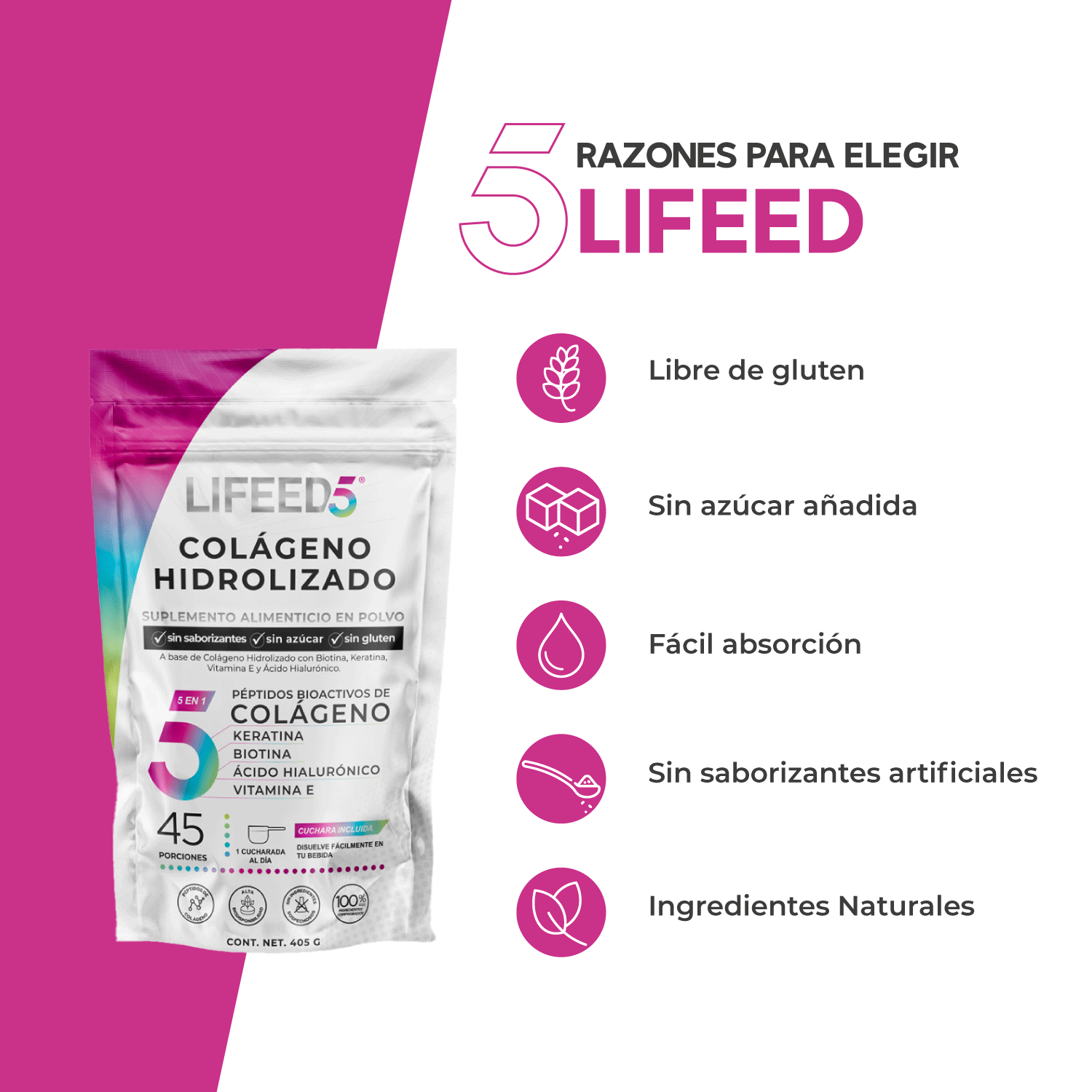Foto 5 pulgar | Multivitamínico Hair con Colágeno Hidrolizado en Polvo 45 Porciones Lifeed5