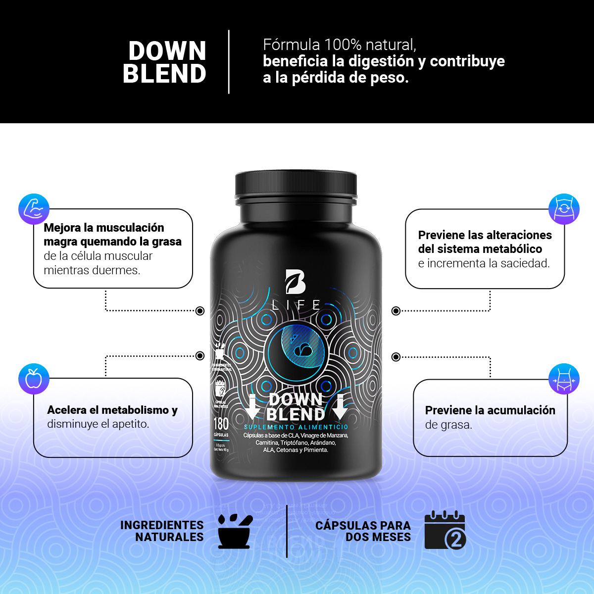Foto 3 | Down Blend de 180 Cápsulas Ingredientes Naturales Down Blend B Life