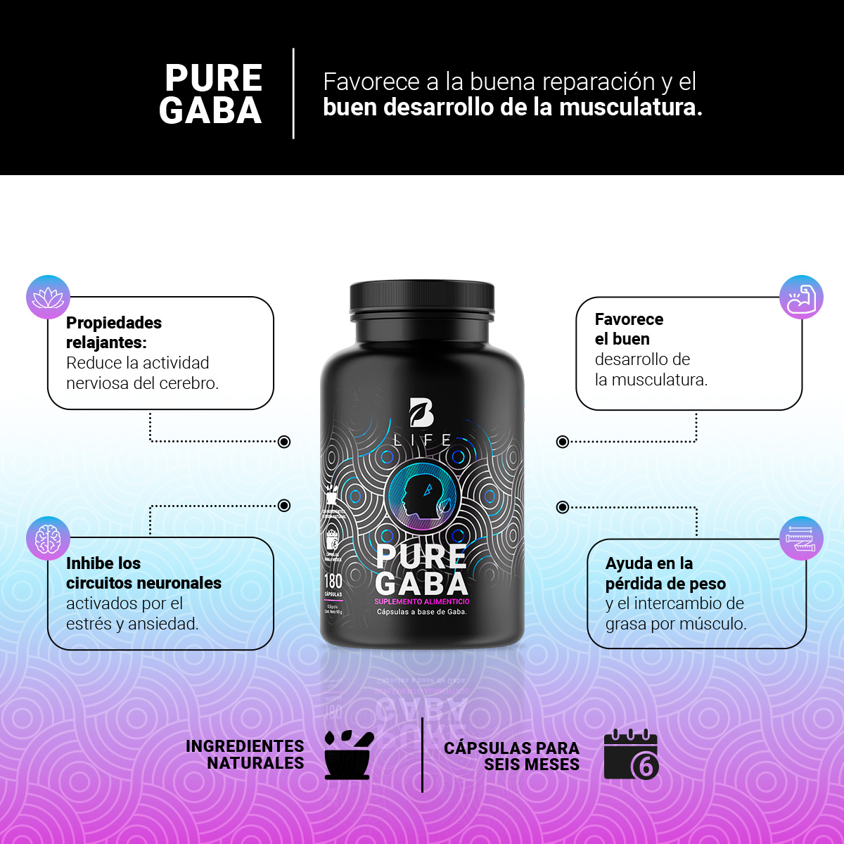 Foto 4 pulgar | Pure Gaba 180 Cápsulas de 500 mg B Life