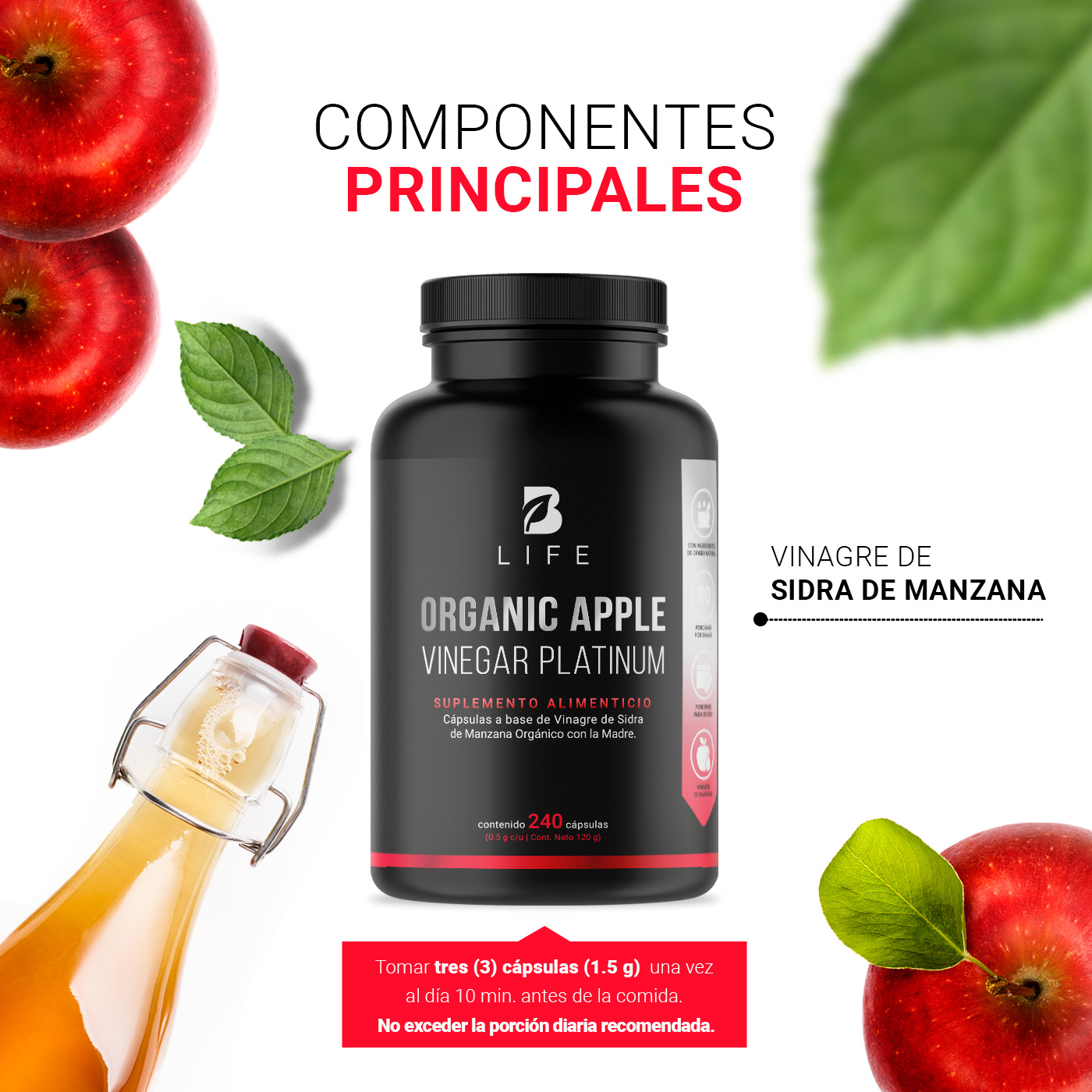 Foto 5 pulgar | Vinagre de Manzana Orgánico de 240 Cápsulas Apple Platinum B Life