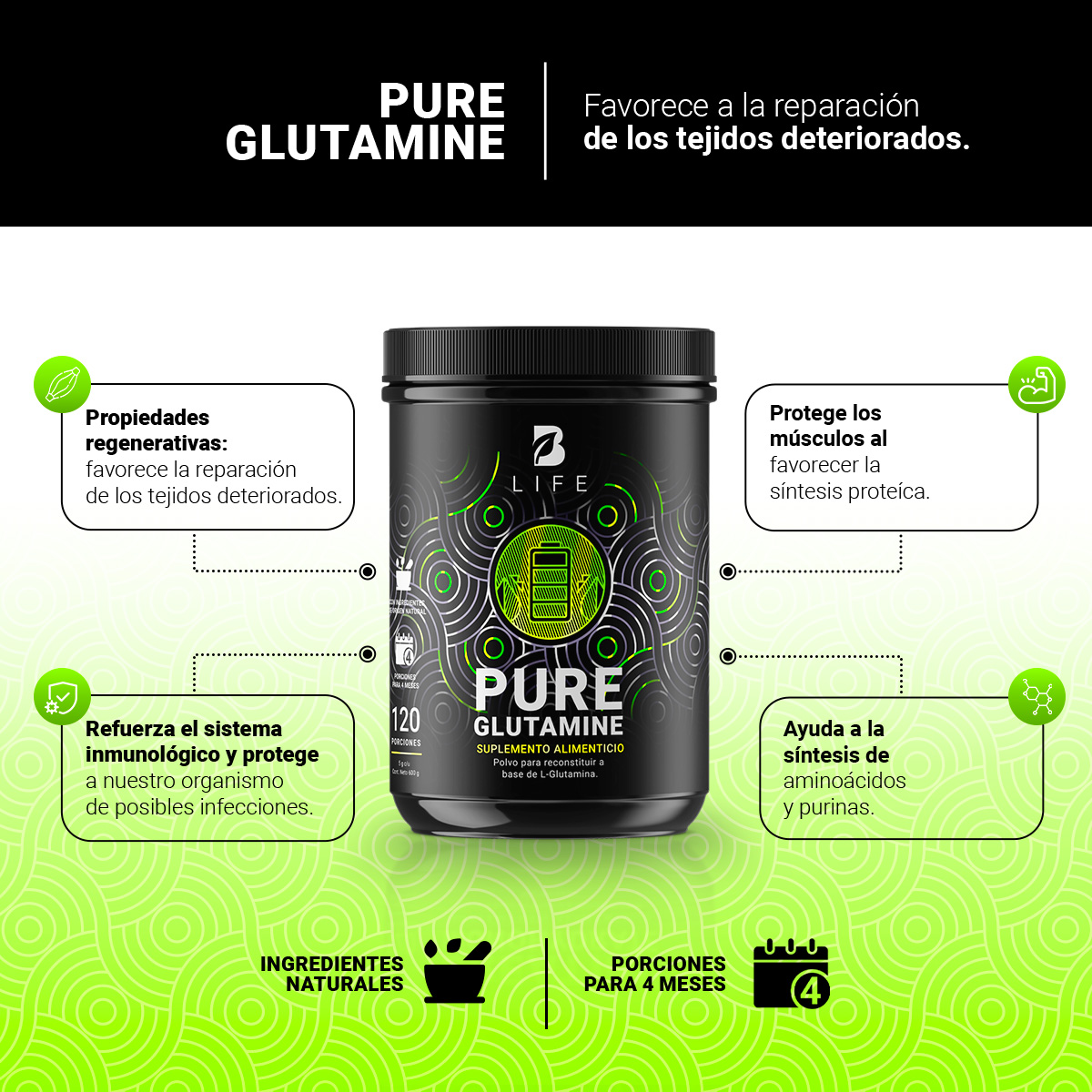 Foto 4 pulgar | Glutamina Micronizada 120 Servicios Pure Glutamine B Life