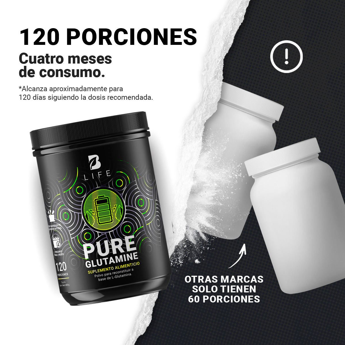 Foto 5 pulgar | Glutamina Micronizada 120 Servicios Pure Glutamine B Life