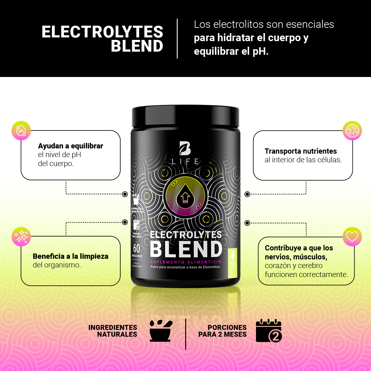 Foto 4 pulgar | Electrolitos 60 Servicios. Electrolytes Blend Sabor Limón B Life