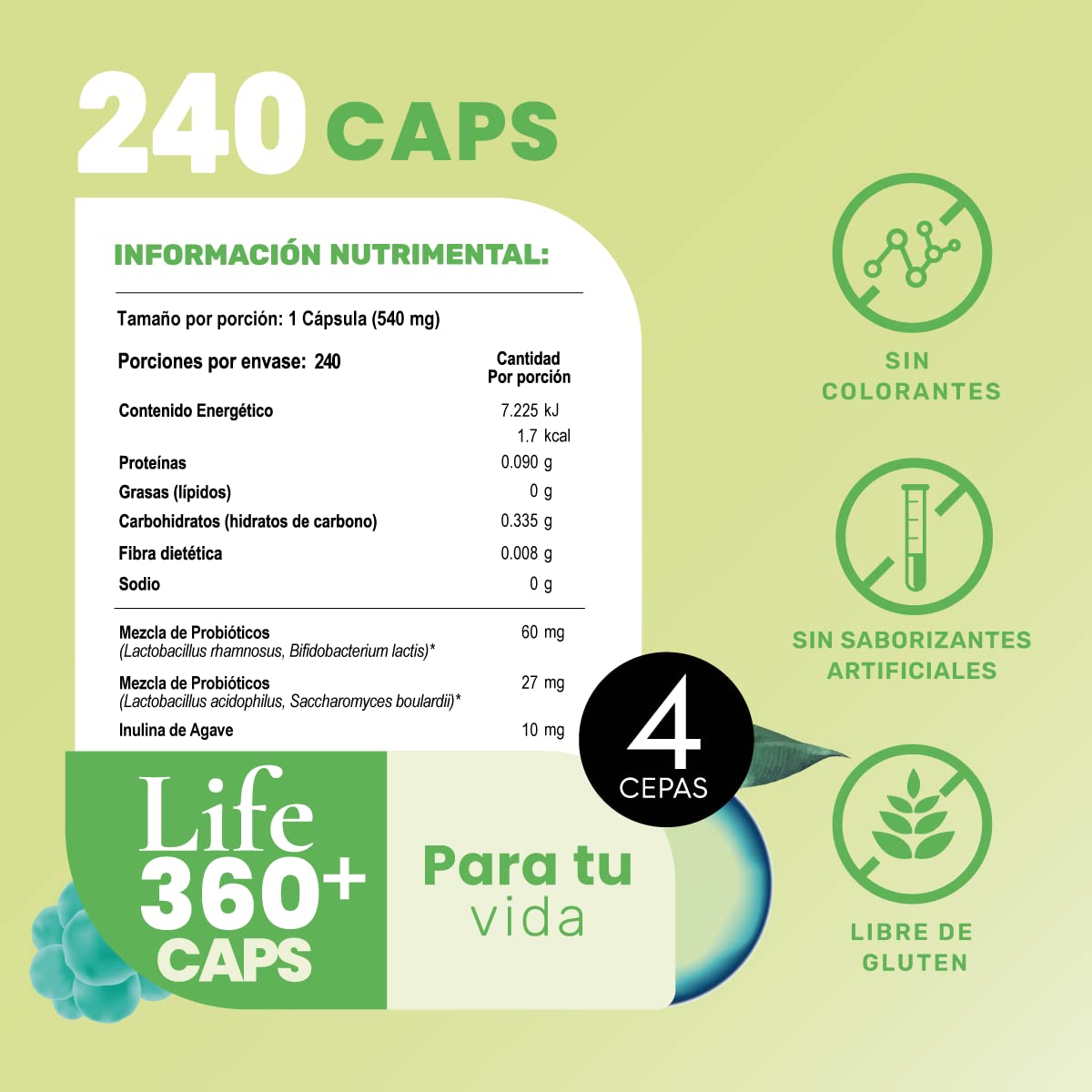 Foto 5 pulgar | Probioticos 60 Billones Life360+ Suplemento Alimenticio 240 Capsulas