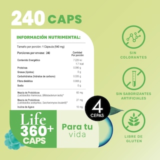 Foto 4 | Probioticos 60 Billones Life360+ Suplemento Alimenticio 240 Capsulas