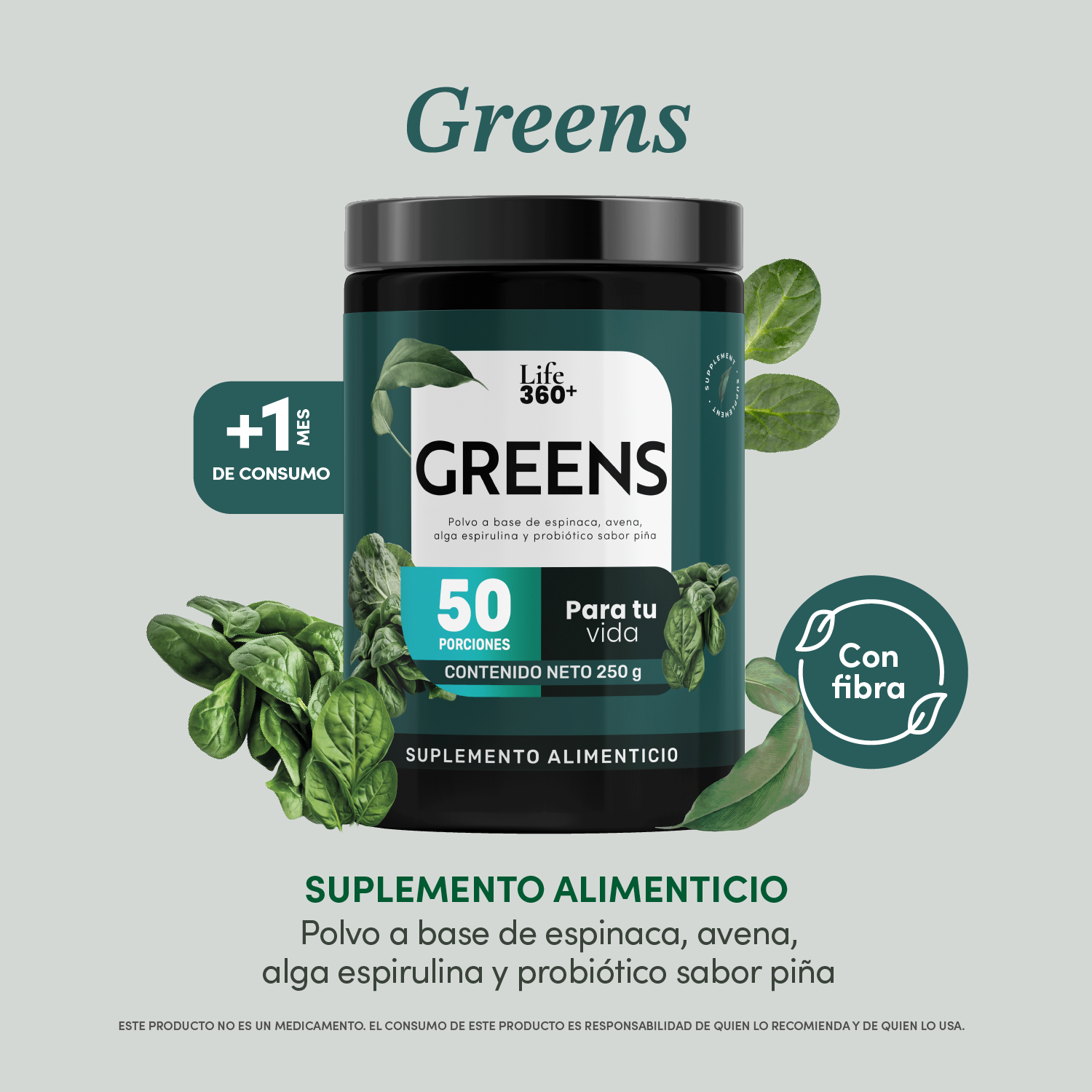 Foto 3 pulgar | Suplemento Greens Polvo Verde Fibra Life360+ 50 Porciones